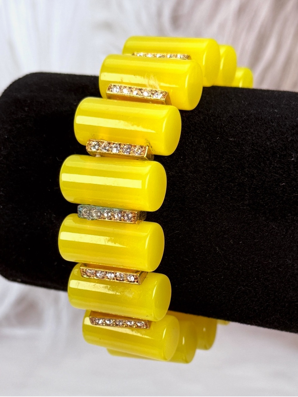 Vintage Yellow Stretch Bracelet Clear Accent Bars Chunky Retro Statement